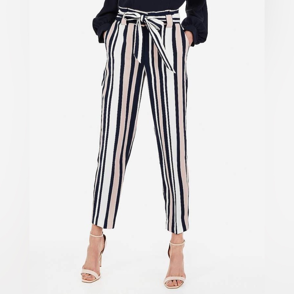 Express high waisted striped sash tie ankle pants